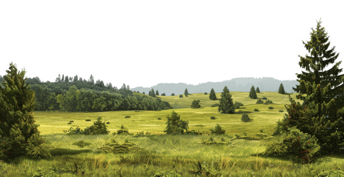 AI generated Green rolling hills and lush meadows in a tranquil rural landscape on transparent background - stock png. png