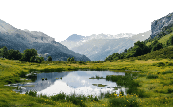 AI generated Tranquil mountain lake surrounded by wildflowers and lush greenery on transparent background - stock png. png