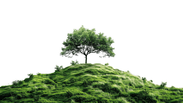 AI generated Solitary tree on a rolling green hill on transparent background - stock png. png