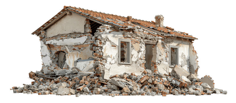 AI generated Demolished building ruins with scattered debris on transparent background - stock png. png
