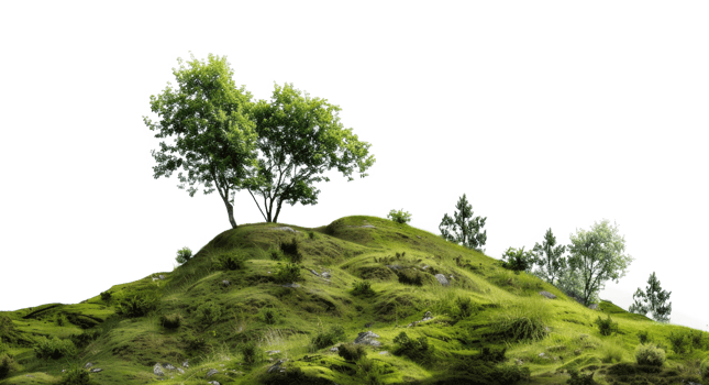 AI generated Solitary tree on a rolling green hill on transparent background - stock png. png