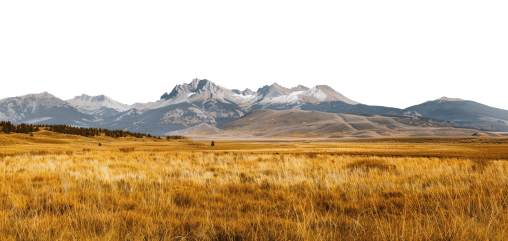 AI generated Autumn prairie with mountain range backdrop under a clear sky on transparent background - stock png. png