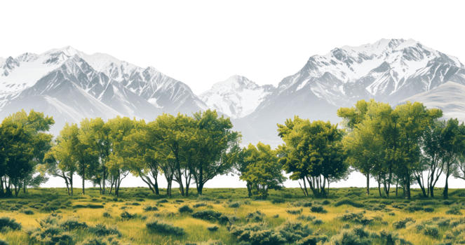 AI generated Snow-capped mountain range behind a grove of trees on transparent background - stock png. png
