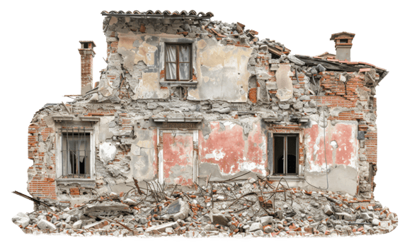 AI generated Demolished building ruins with scattered debris on transparent background - stock png. png