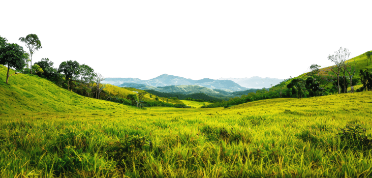 AI generated Rolling green hills with distant mountain panorama on transparent background - stock png. png