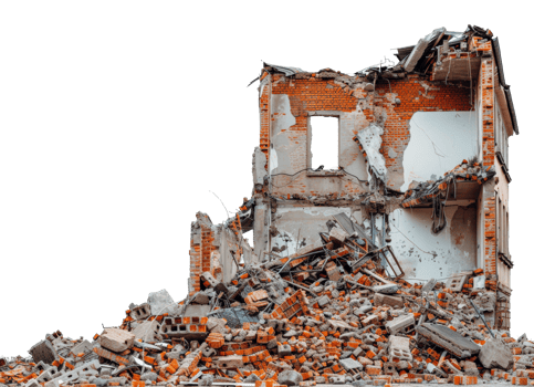 AI generated Demolished building ruins with scattered debris on transparent background - stock png. png