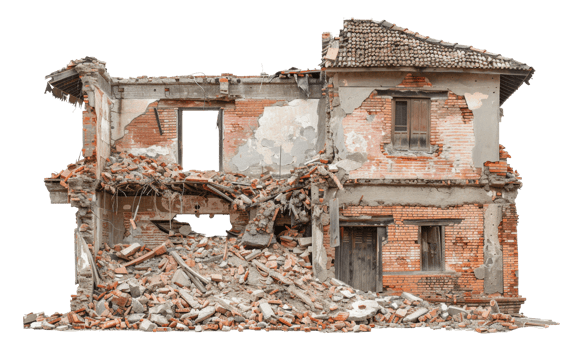 AI generated Demolished building ruins with scattered debris on transparent background - stock png. png