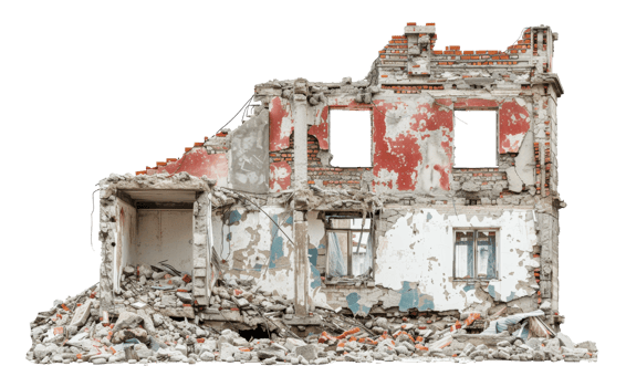 AI generated Demolished building ruins with scattered debris on transparent background - stock png. png
