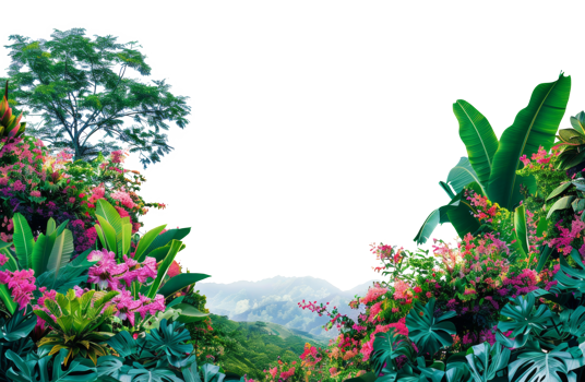 AI generated Vibrant tropical flowers and plants with mountain on transparent background - stock png. png