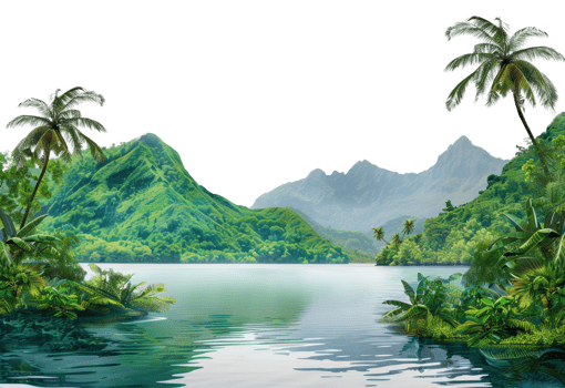 AI generated Serene tropical lake with lush foliage and palm trees on transparent background - stock png. png