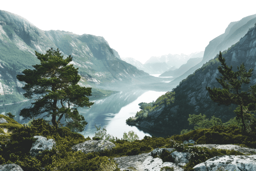 AI generated Serene lake surrounded by steep cliffs and greenery in mountain valley on transparent background - stock png. png