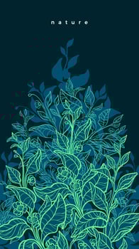 Vector nature neon background. Art line green plant, organic flora. hand drawn graphic template, bio illustration. Botany pattern. Tea bush, branch, flower in bloom, night leaf