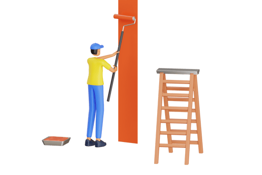 Male Painter painting wall 3D Illustration. Craftsman painting white wall with roller paint. 3D Illustration png