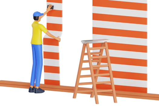 Worker gluing a wallpaper 3d illustration. decorating home with new wallpaper png