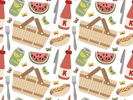 Summer and Spring Picnic seamless pattern. Fresh fruits, ketchup, basket, hot dog. Food and Drinks illustration. vector