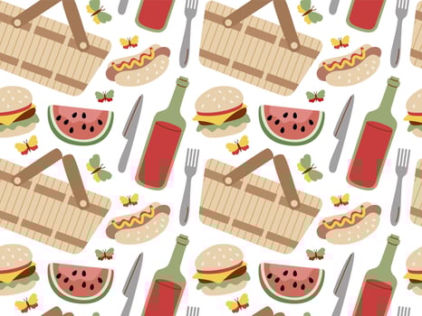 Summer and Spring Picnic seamless pattern. Fresh fruits, wine, basket, hot dog. Food and Drinks illustration. vector