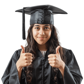AI generated Young woman with graduation cap and gown and two thumbs up isolated on transparent background png