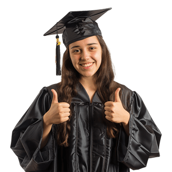 AI generated Young woman with graduation cap and gown and two thumbs up isolated on transparent background png