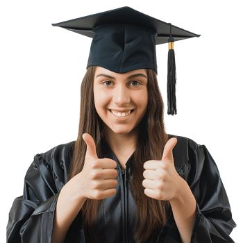 AI generated Young woman with graduation cap and gown and two thumbs up isolated on transparent background png