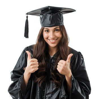 AI generated Young woman with graduation cap and gown and two thumbs up isolated on transparent background png