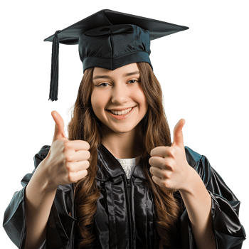 AI generated Young woman with graduation cap and gown and two thumbs up isolated on transparent background png