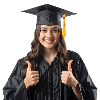 AI generated Young woman with graduation cap and gown and two thumbs up isolated on transparent background png