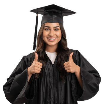 AI generated Young woman with graduation cap and gown and two thumbs up isolated on transparent background png