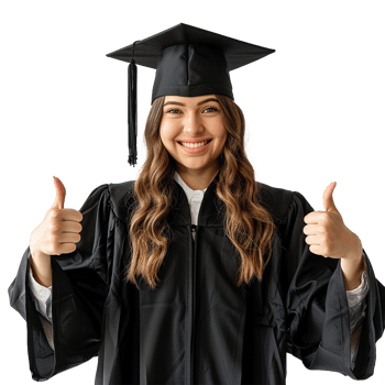 AI generated Young woman with graduation cap and gown and two thumbs up isolated on transparent background png