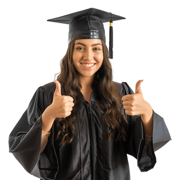 AI generated Young woman with graduation cap and gown and two thumbs up isolated on transparent background png