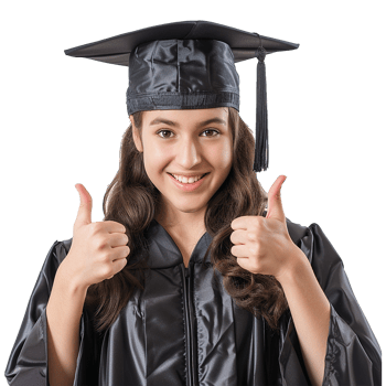 AI generated Young woman with graduation cap and gown and two thumbs up isolated on transparent background png