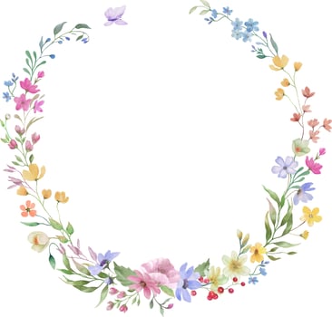 Watercolor floral wreath with wildflowers. Hand drawn illustration isolated on transparent background. Vector EPS.