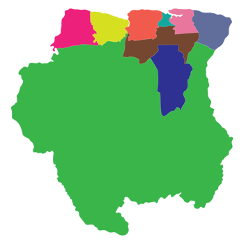 Suriname map. Map of Suriname in administrative provinces in multicolor png