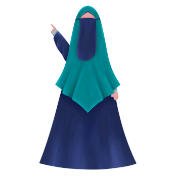 Full body of Muslim woman illustration in niqab with raised hand pointing to the side on transparent background. png
