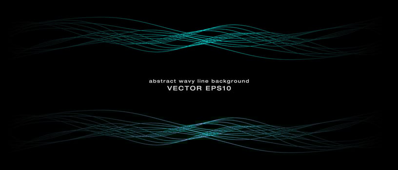 Abstract wavy dynamic blue green violet light lines curve banner on black background in concept technology, neural network, neurology, science, music, neon light. vector