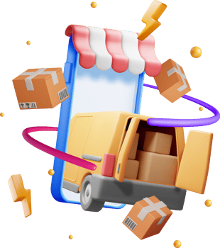 3D Delivery Van and Cardboard Boxes in Smartphone png