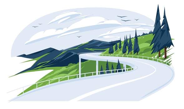 Mountains highway spring or summer landscape. Green meadow with coniferous trees in the valley. Vector flat illustration. Tourism and travel.