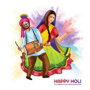 Hand draw fun couple dance celebration festival colorful holi card background vector