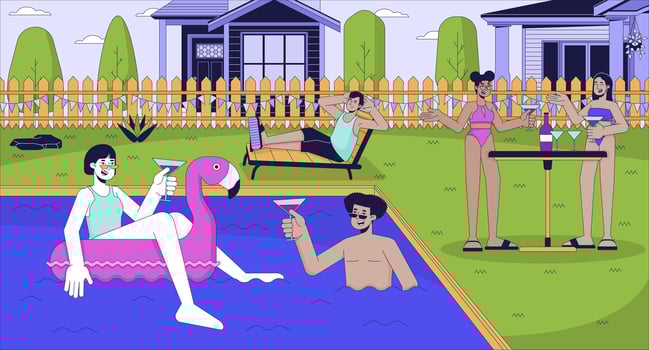 Pool party with friends cartoon flat illustration. Diverse people group chilling at poolside 2D line characters colorful background. Summer amusement event scene vector storytelling image