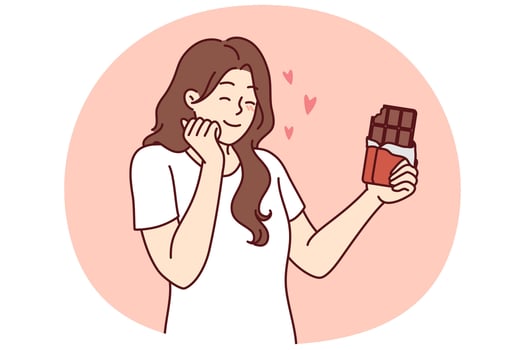 Happy woman enjoying taste of dark chocolate using sweet dessert for snacking and removing hunger vector