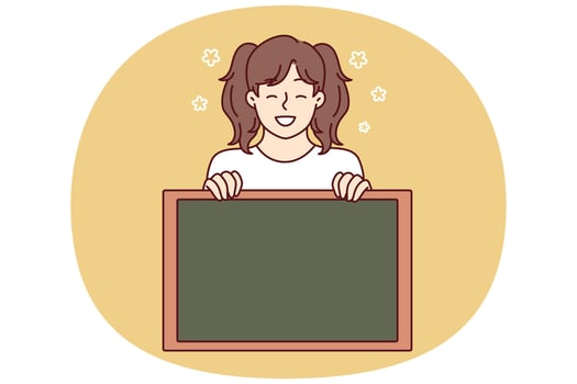 Little girl smiling demonstrates empty chalkboard designed for applying notifications vector