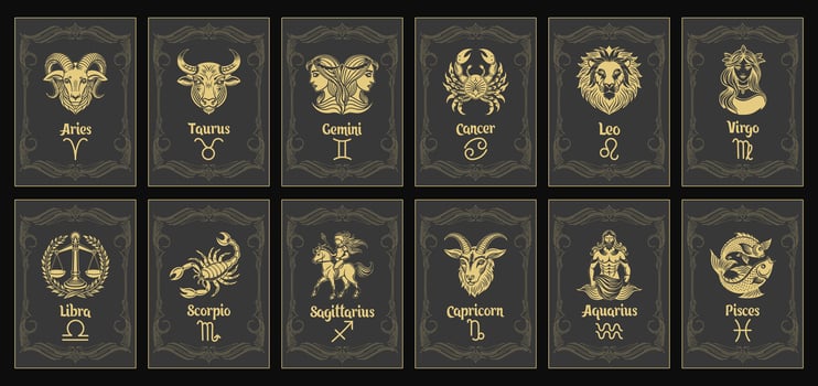 Set of astrology zodiac signs, mystical icons in vintage frames. Gold design. Esoteric symbols for logo or icons. Vector