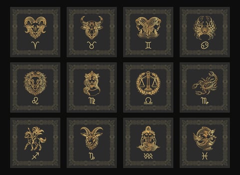 Set of astrology zodiac signs, mystical icons in vintage frames. Gold design. Esoteric symbols for logo or icons. Vector