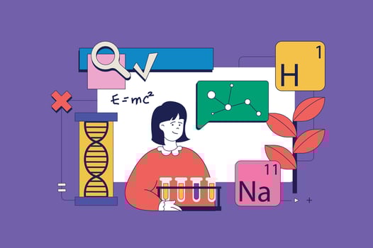 Science laboratory concept in flat neo brutalism design for web. Scientist makes chemical research with flask tube, makes lab research. Vector illustration for social media banner, marketing material.