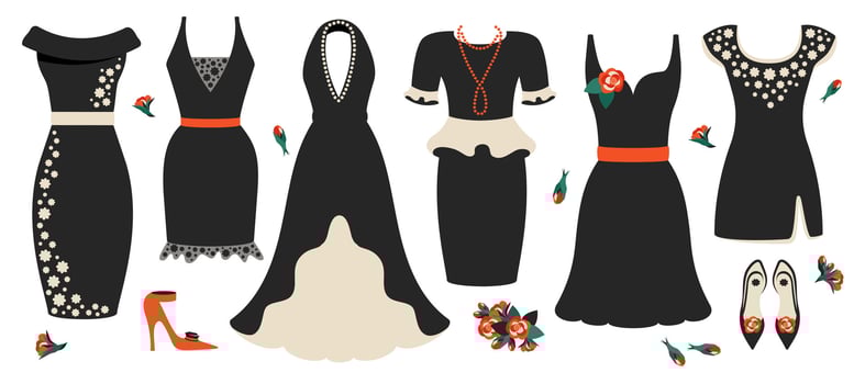 Set of different Elegant  dresses isolated. Classic luxury wear with jewelry, accessory, high heeled shoes, rose. Elegant evening gown for glamorous evening and cocktail party. Vector