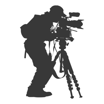 AI generated Silhouette cameraman or videographer in action black color only full body png