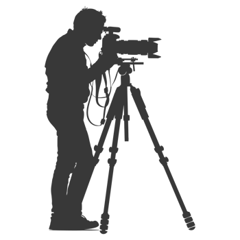 AI generated Silhouette cameraman or videographer in action black color only full body png