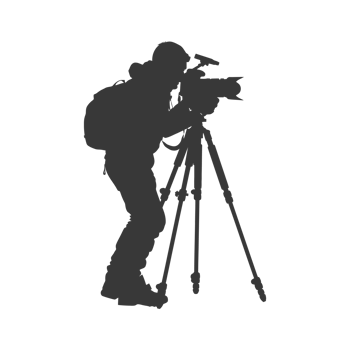 AI generated Silhouette cameraman or videographer in action black color only full body png