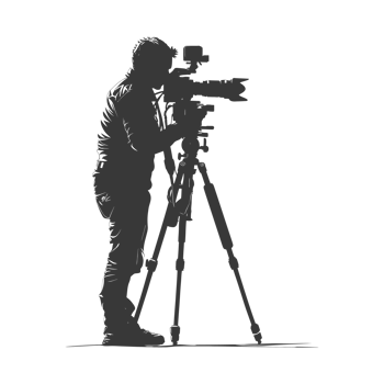 AI generated Silhouette cameraman or videographer in action black color only full body png