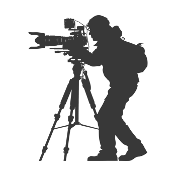 AI generated Silhouette cameraman or videographer in action black color only full body png