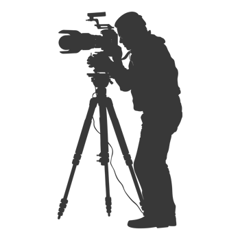 AI generated Silhouette cameraman or videographer in action black color only full body png